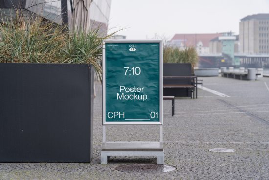 Urban street setting with a sandwich board poster mockup displaying green design, suitable for showcasing advertising designs in a realistic environment.